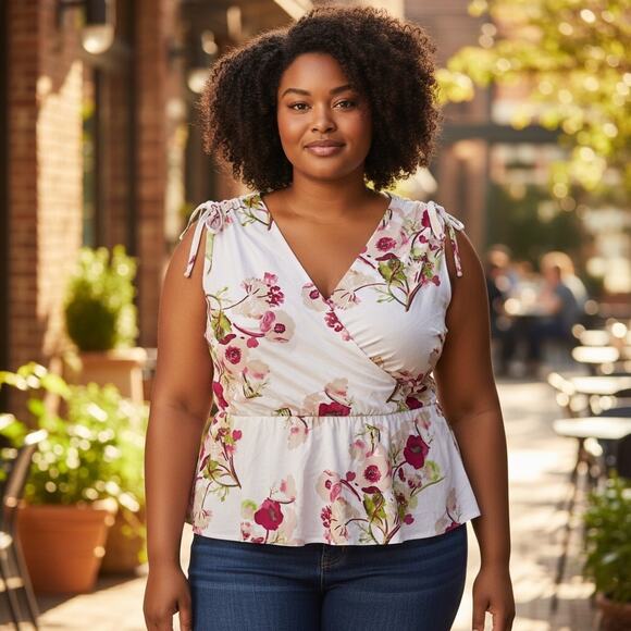 Lane Bryant Faux Wrap Tank Women's Size 22/24 White Floral Sleeveless Top 3X - Picture 1 of 8